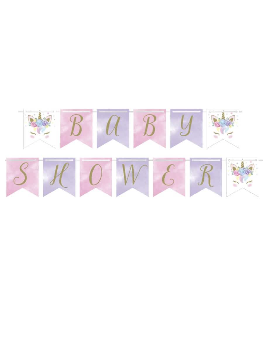 Bandeirola de fanions unicórnio de fadas para baby shower cor de rosa e roxo pastel
