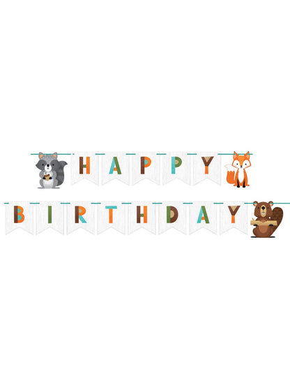 Bannière en carton happy birthday animaux de la forêt pour enfant multicolore avec renard raton laveur et castor