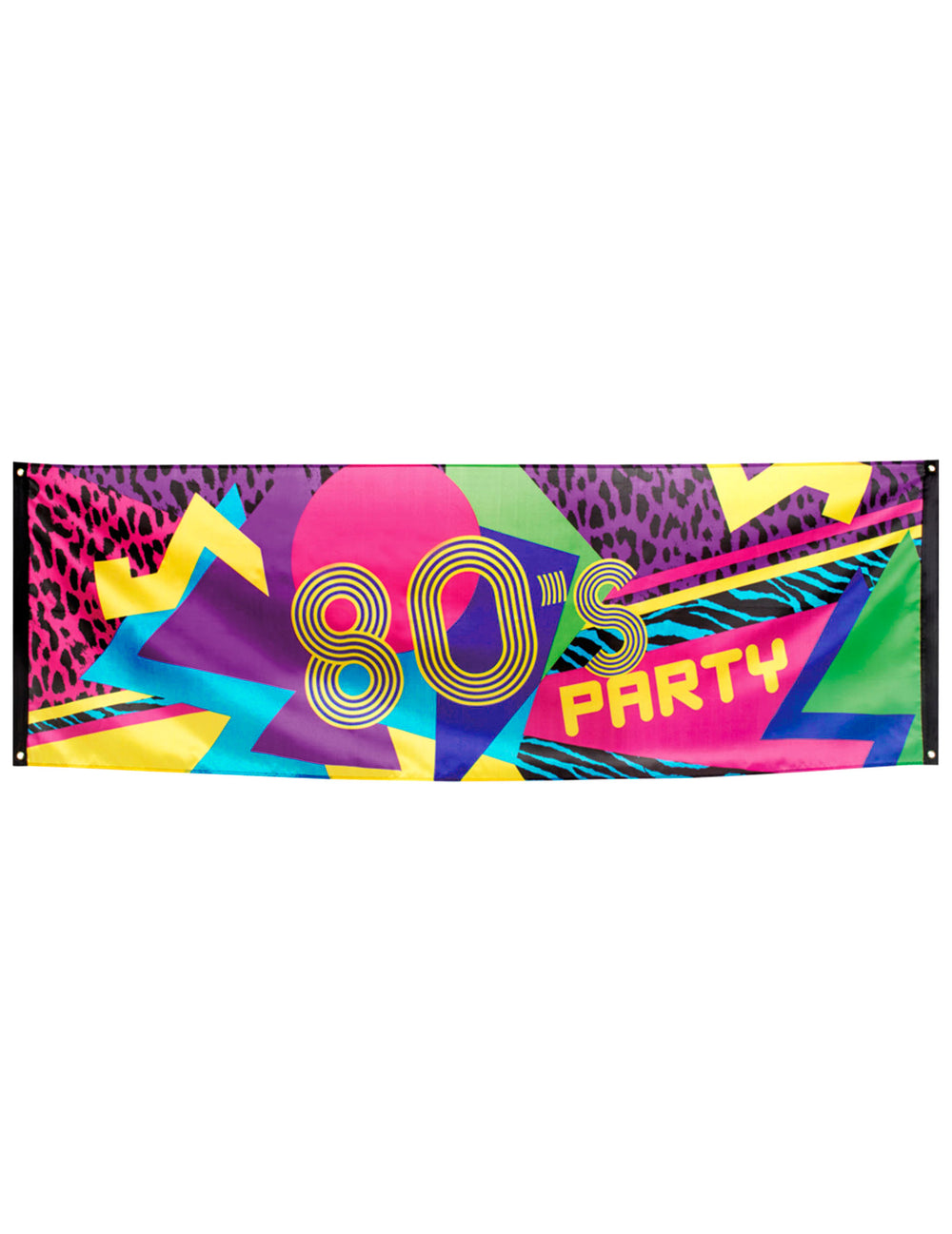 Bannière en tissu 80's Party pour fête multicolore néon aux imprimés léopard et zèbre