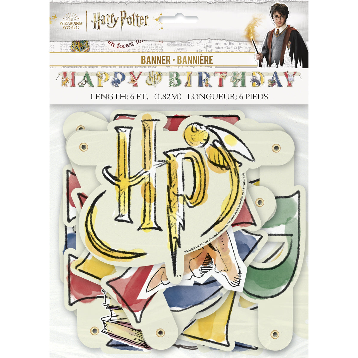 Vue dans son emballage de la bannière Happy Birthday en carton Harry Potter