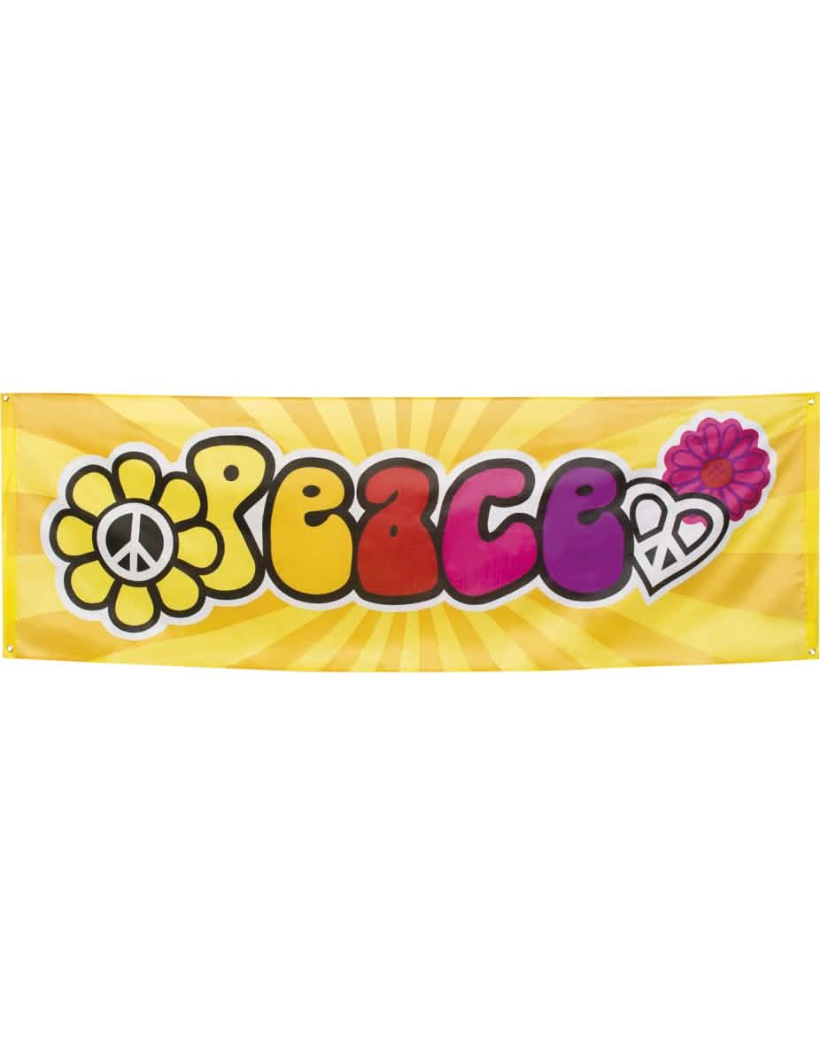 Faixa em tecido Hippie Flower Power para festa amarelo com inscrição Peace multicores