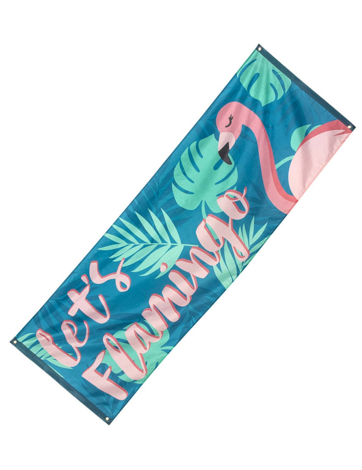 Bandeira Let's Flamingo Flamant Tropic para festa azul e cor de rosa com folhas tropicais