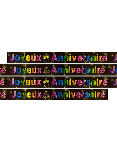 Bannière métallisée Joyeux anniversaire pour fête avec motifs feux d'artifice multicolores