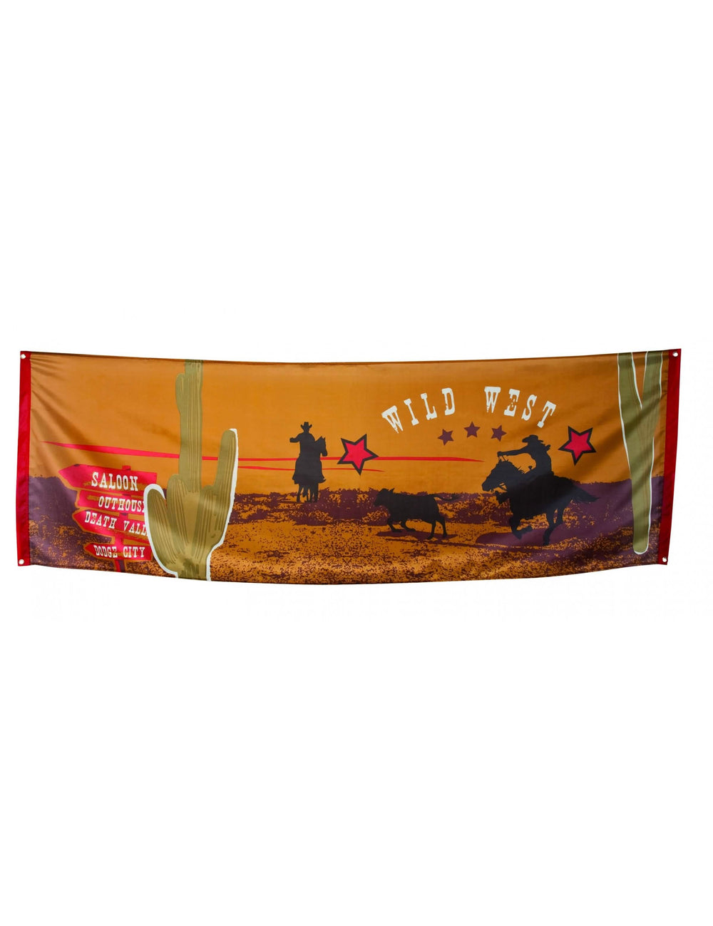 Bannière western para festa cor de laranja e castanho com silhuetas de cowboys e cactus