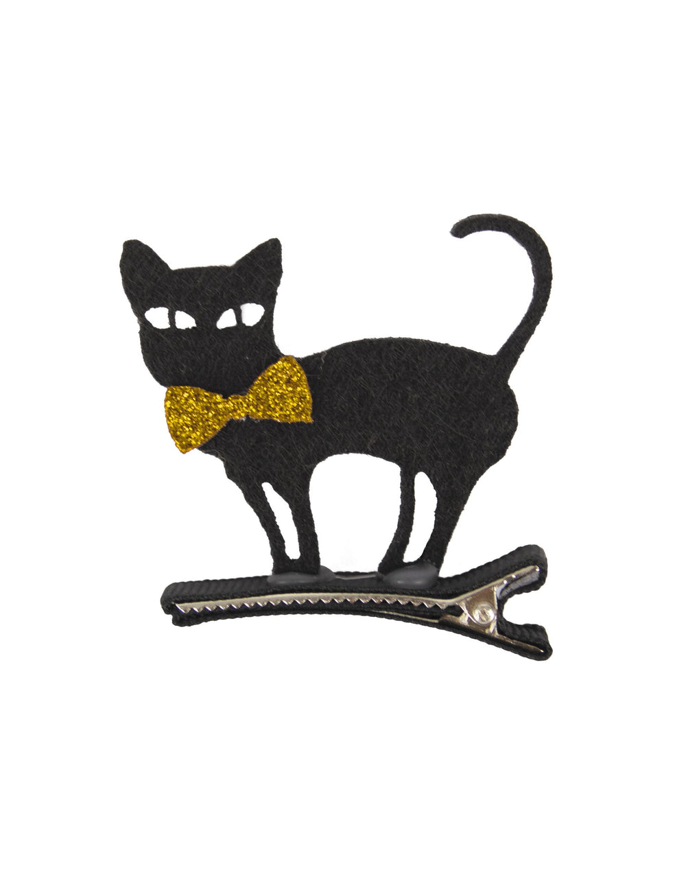 Barrette chat noir en feutrine noir avec nœud doré pailleté
