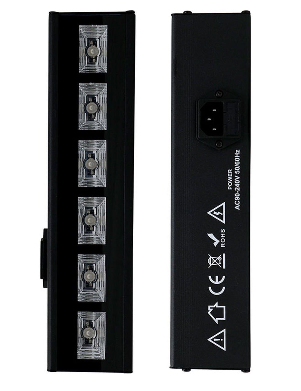 Vue de face et de dos de la barre à leds lumière noire pour fête 6x3W