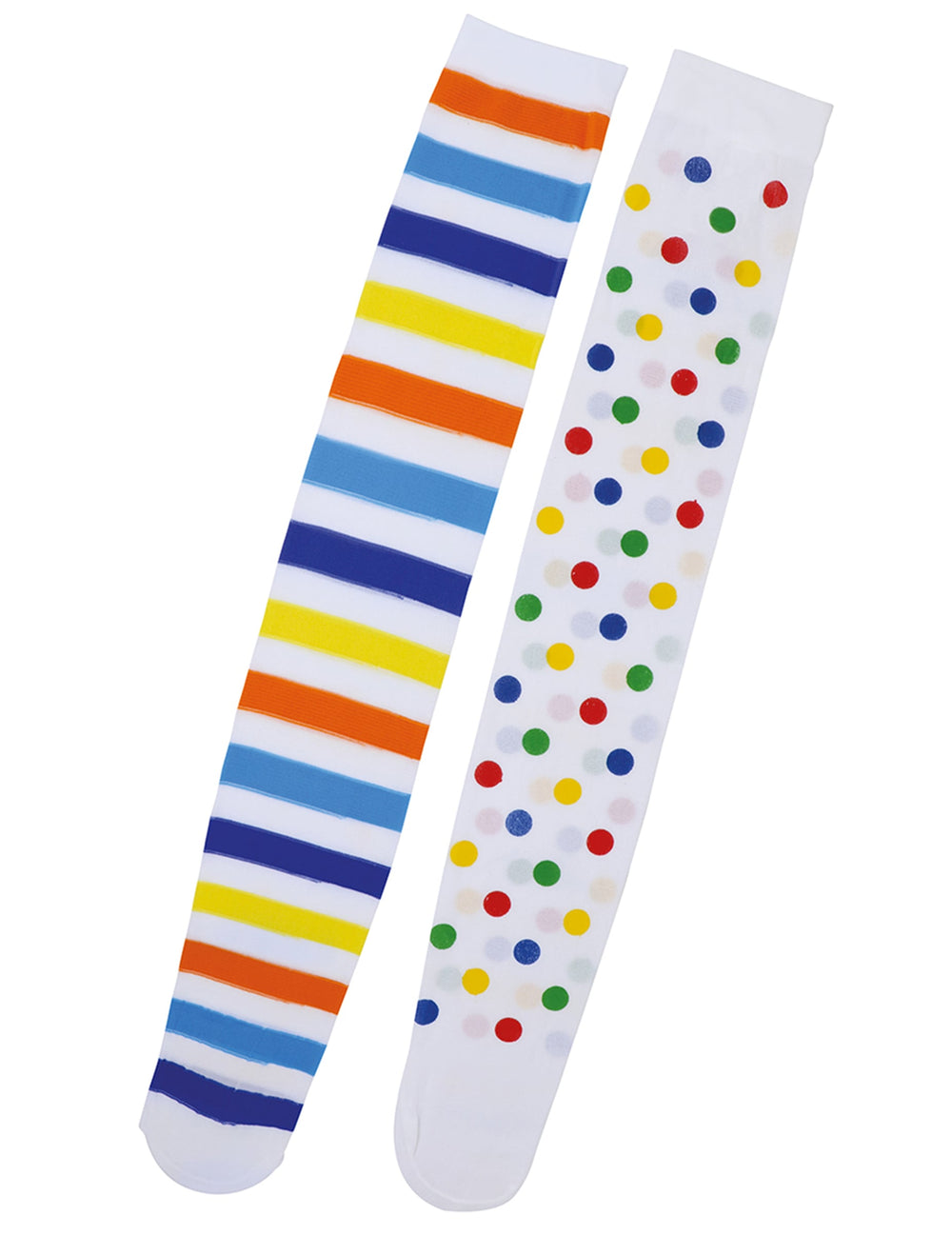 Détail des motifs à pois et à rayures des bas clown pastel pour femme