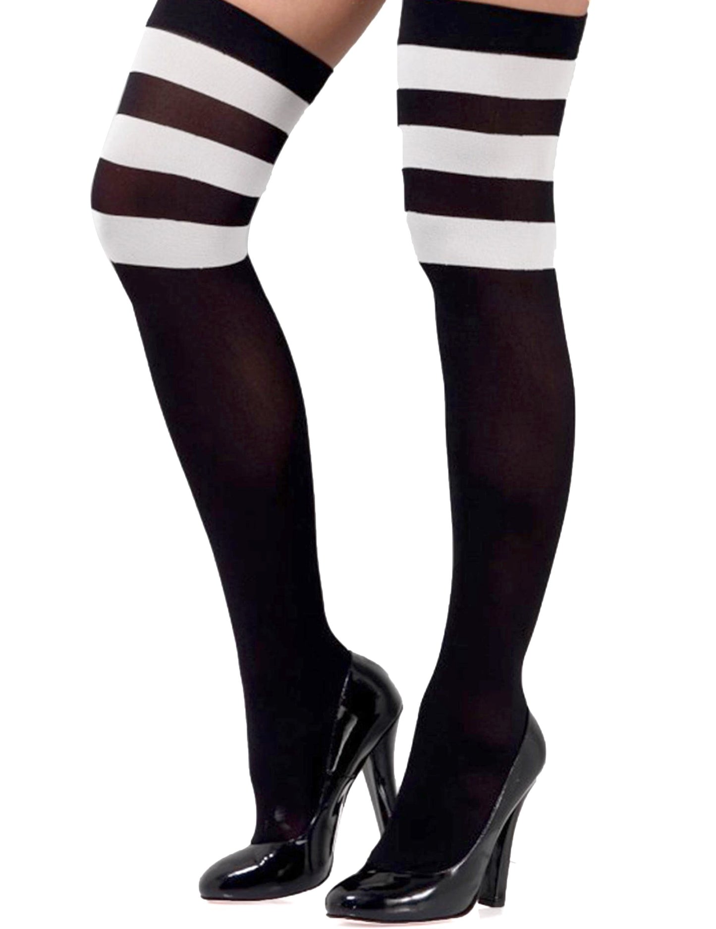 Bas opaques avec rayures blanches pour femme noir et blanc