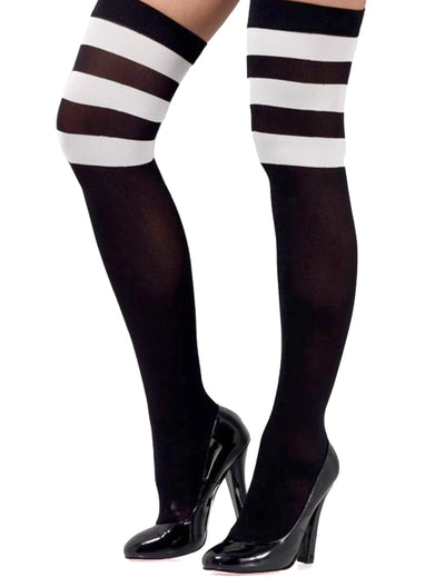 Bas opaques avec rayures blanches pour femme noir et blanc
