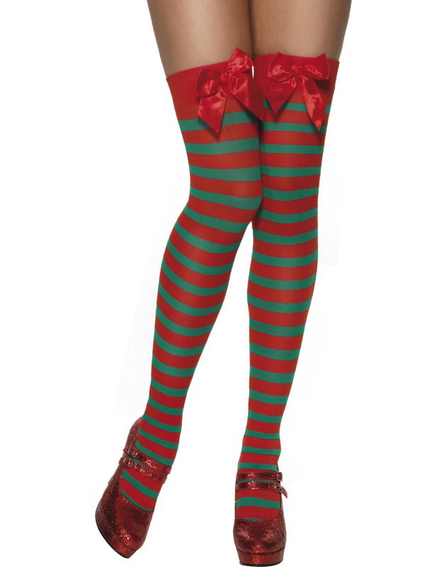 Bas rayés elfe de Noël pour femme rouge et vert avec nœuds rouges
