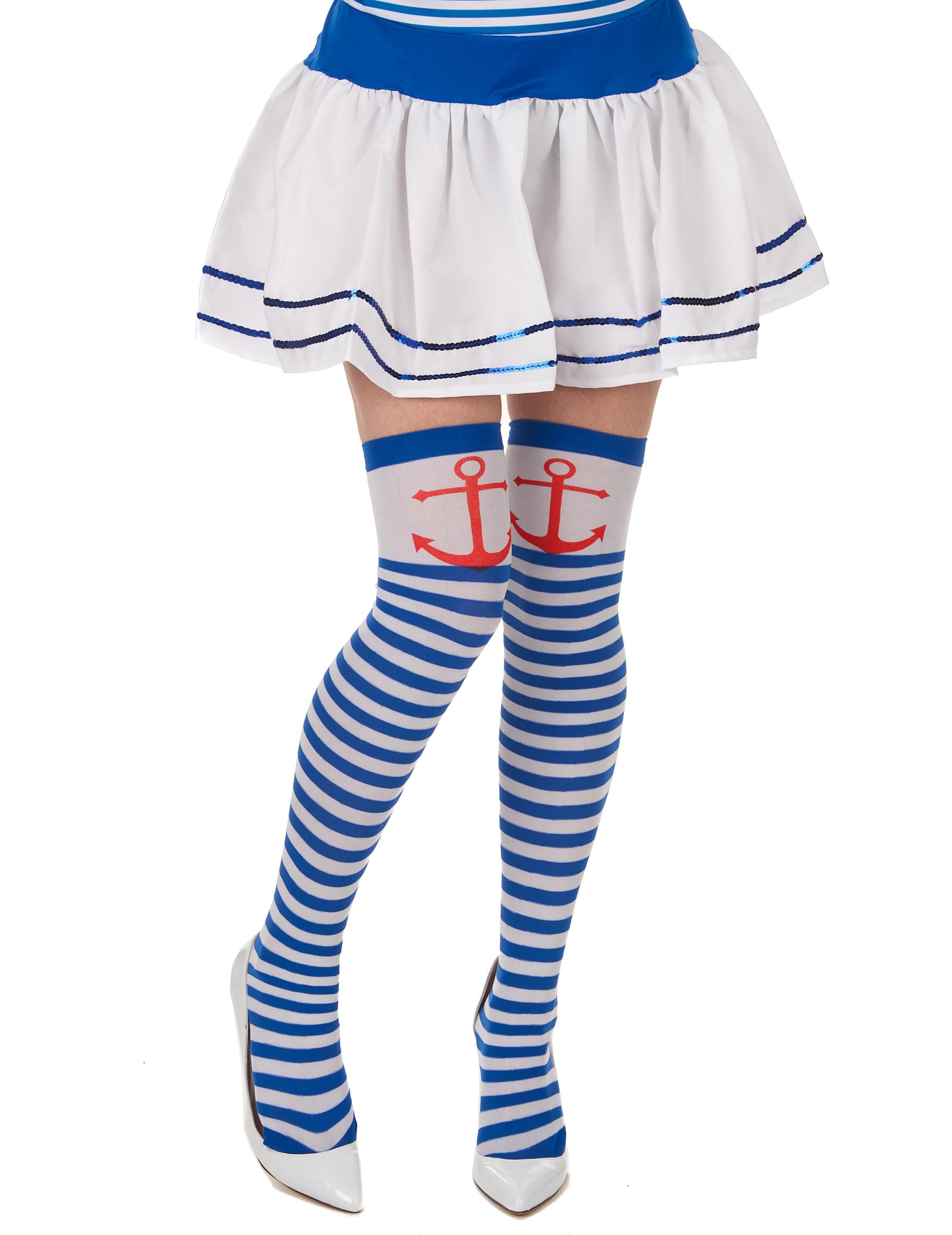 Bas rayés marin pour femme bleus et blancs avec ancre rouge