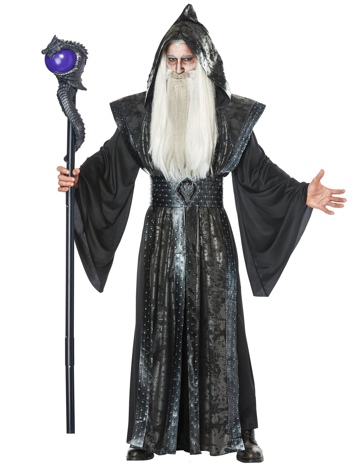 Bâton de magicien pour adulte noir avec tête de dragon et boule violette