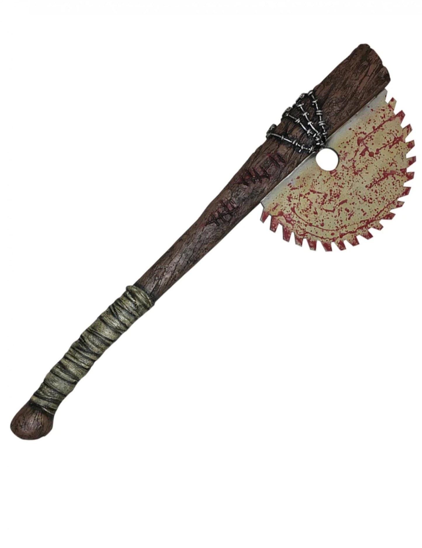 Batte de baseball avec scie circulaire sanglante pour adulte marron et grise ensanglantée