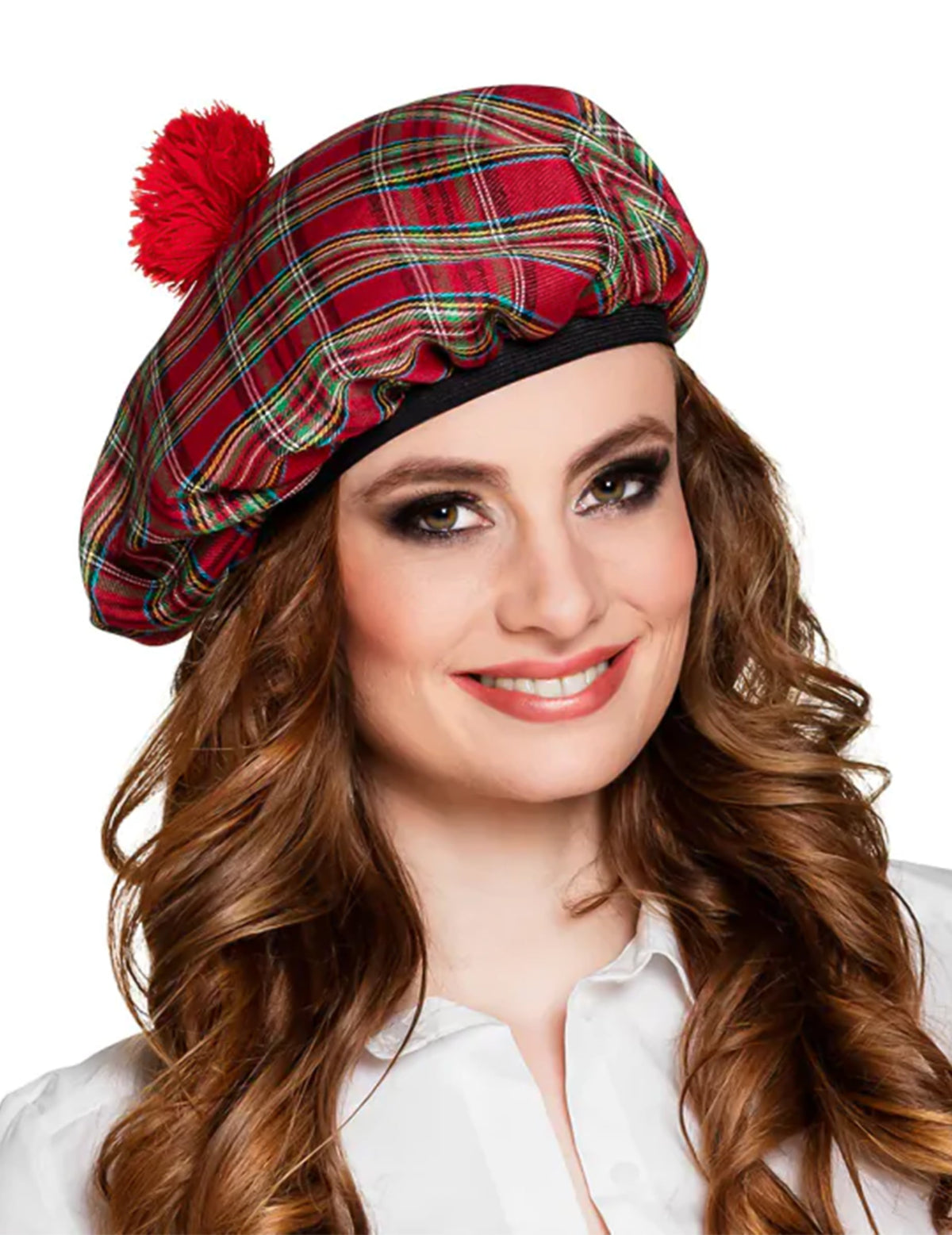 Béret écossais pour adulte rouge à carreaux avec pompom