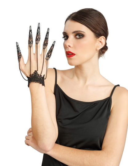 Joia de mão em metal efeito renda preta