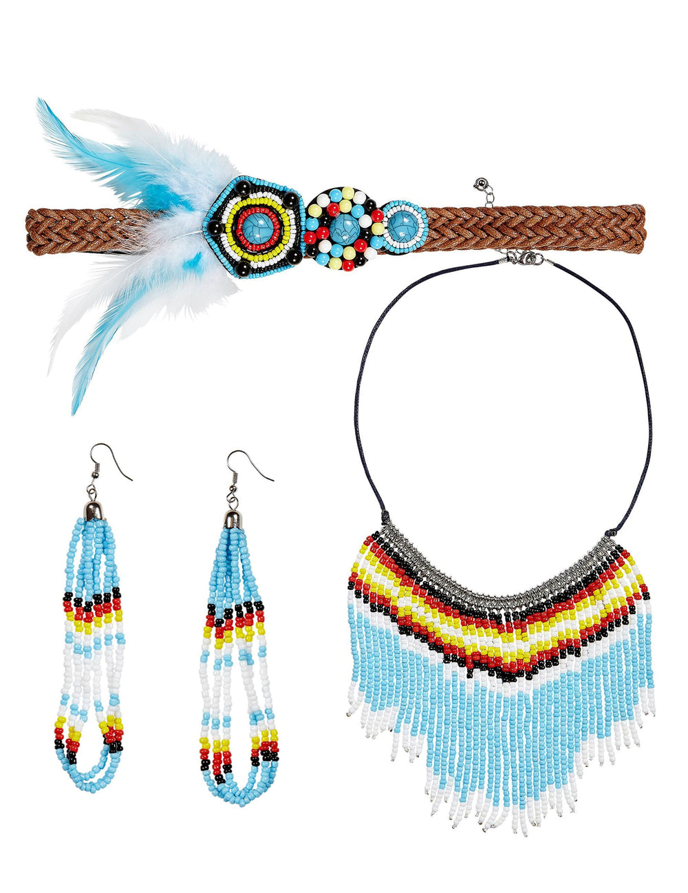 Bijoux d'indienne pour femme bleu et blanc avec perles et plumes