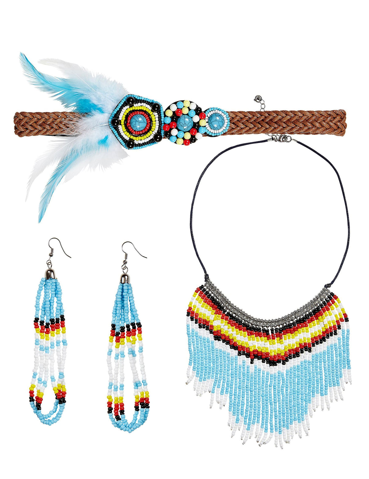 Bijoux d'indienne pour femme bleu et blanc avec perles et plumes