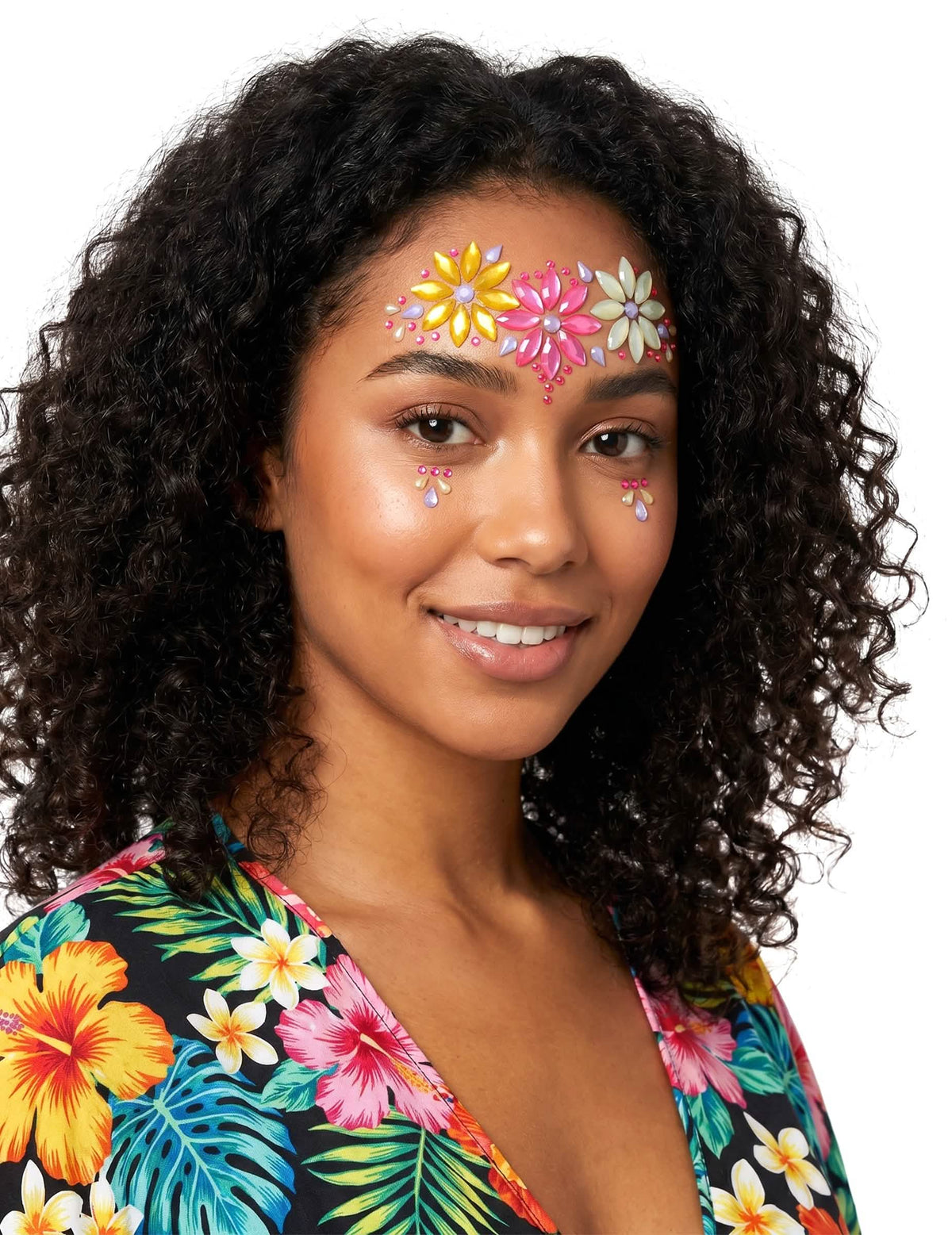 Bijutaria facial adesiva com flores coloridas	