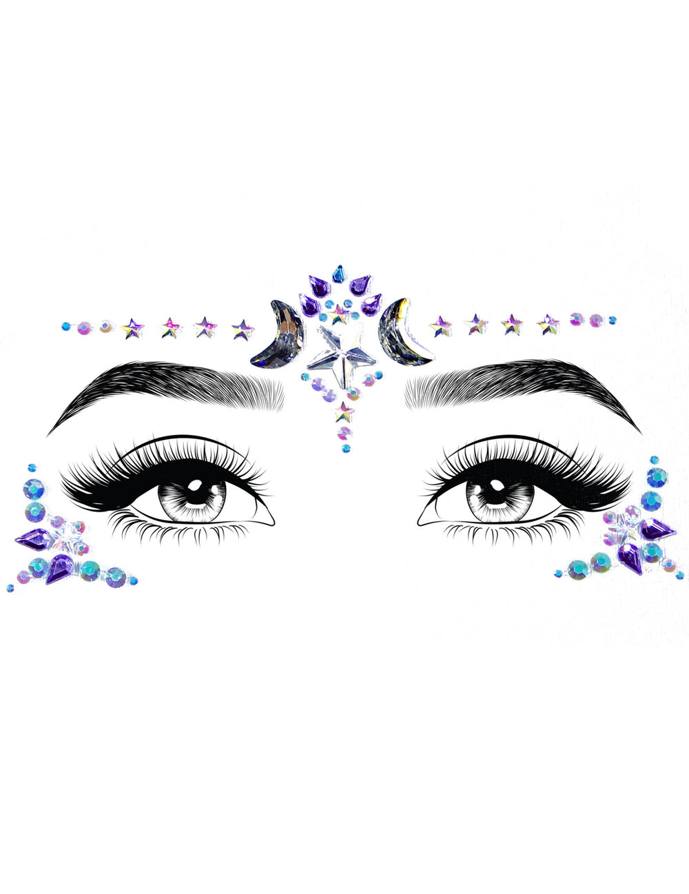 Détail du positionnement sur le visage des bijoux pour visage adhésifs lunaire