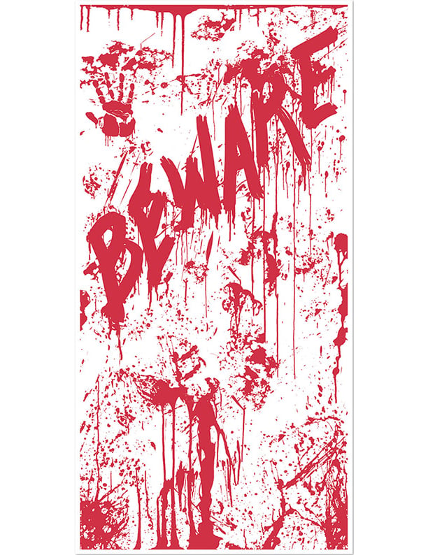 Décoration de porte en sang BEWARE pour Halloween blanc et rouge avec empreinte de main