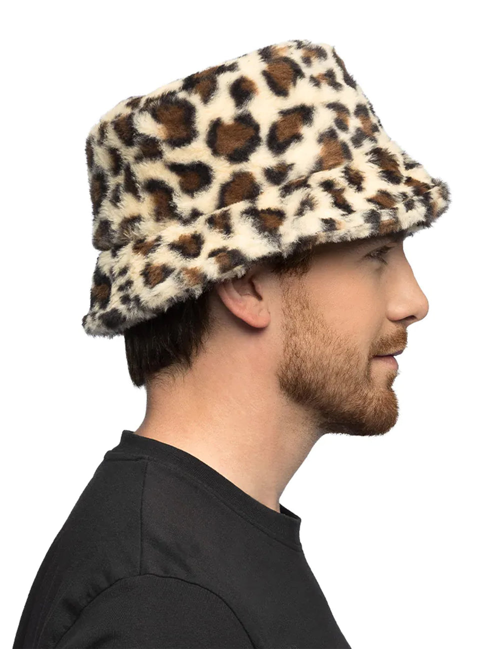 Vue de profil du bob en peluche léopard pour adulte