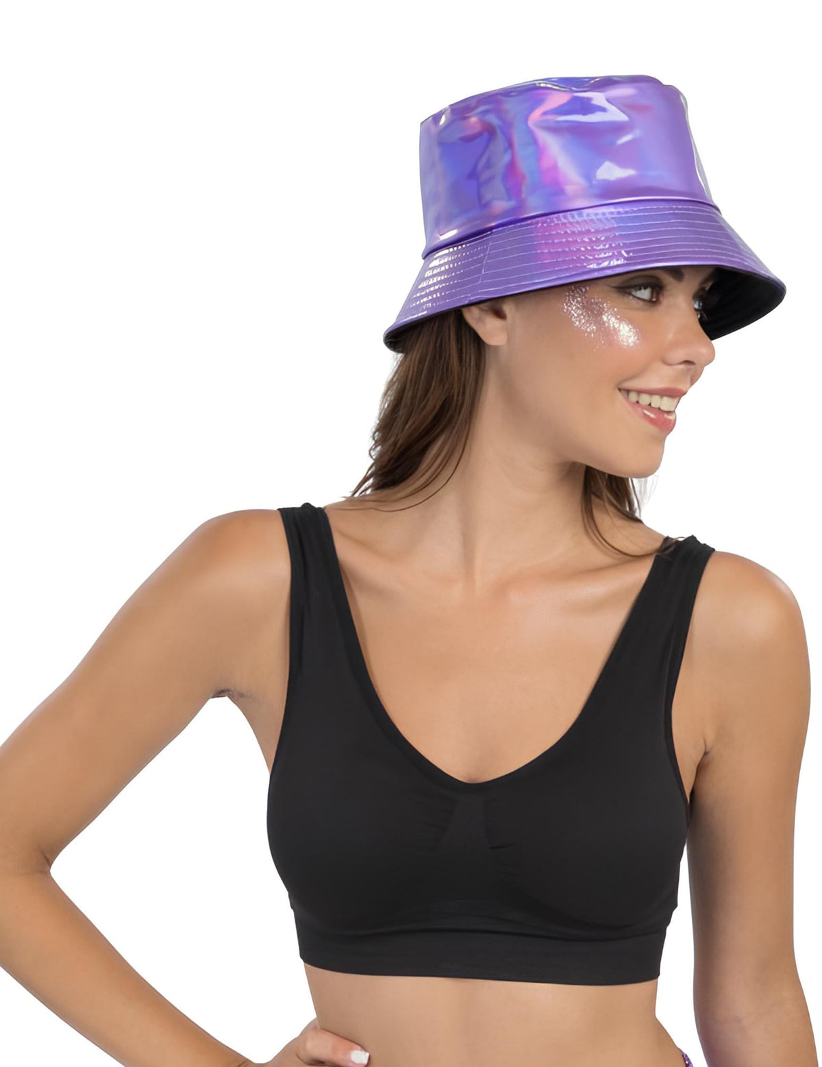 Vue de profil du bob irisé pour adulte violet brillant