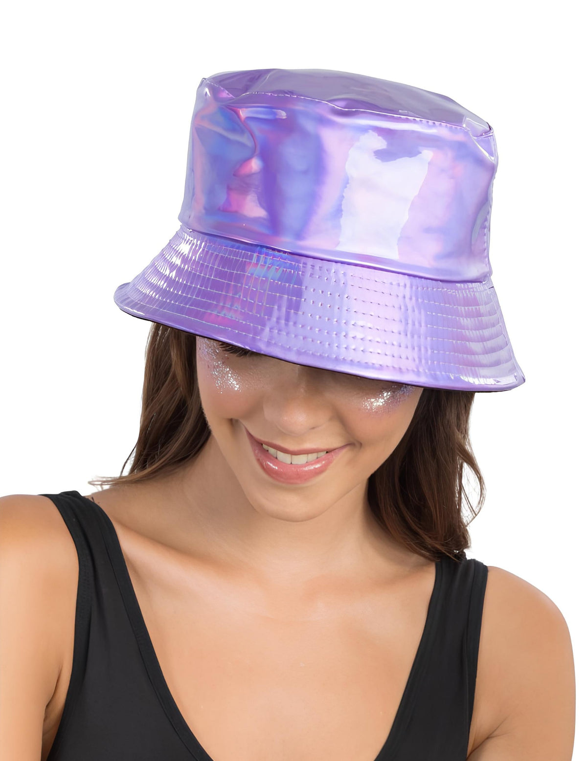 Vue de face du bob irisé pour adulte violet brillant