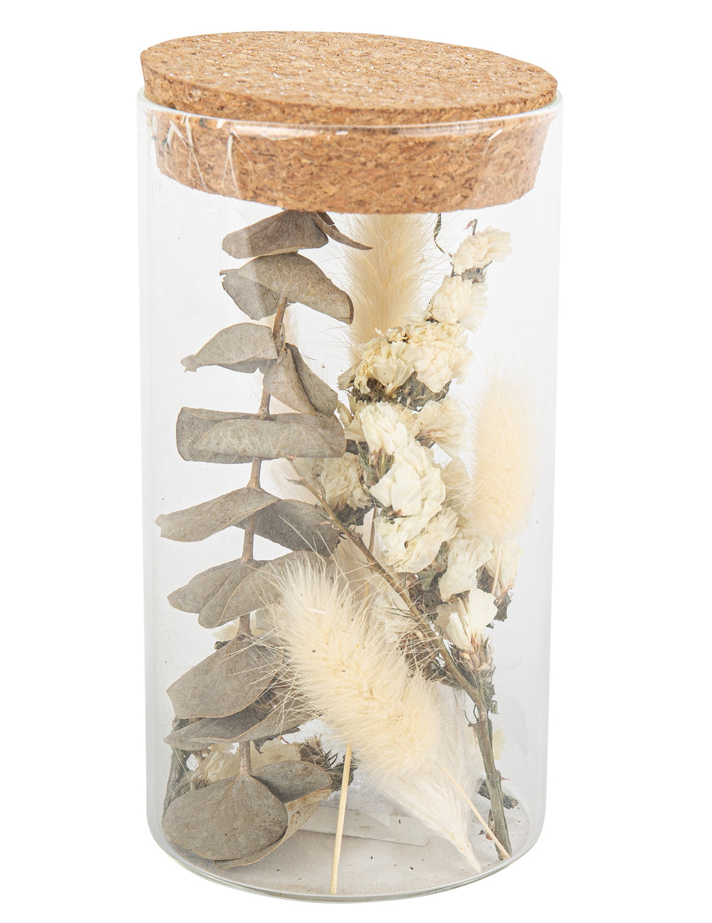 Bocal en verre avec fleurs séchées et coton pour décoration avec couvercle en liège et eucalyptus