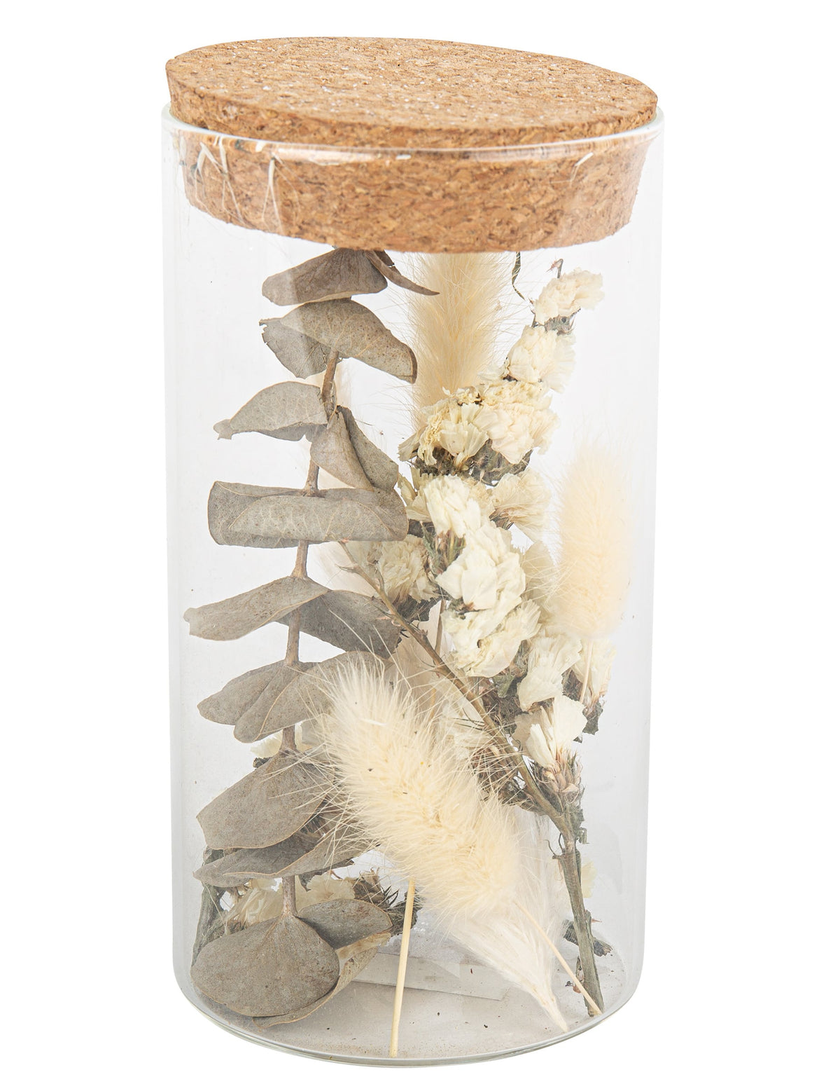 Bocal en verre avec fleurs séchées et coton pour décoration avec couvercle en liège et eucalyptus