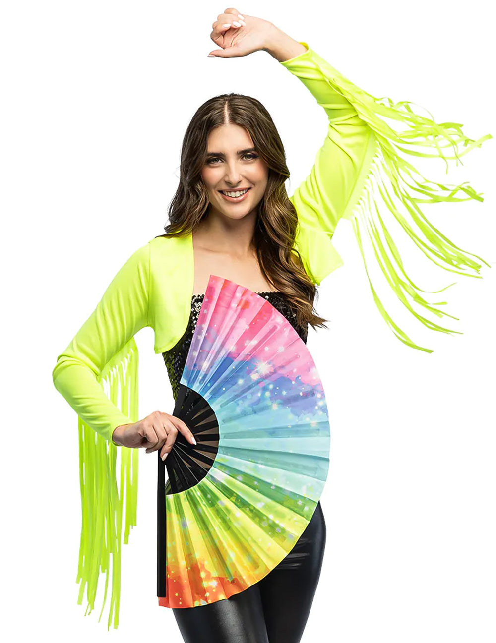 Détail du mouvement des franges du boléro à franges pour femme jaune fluo