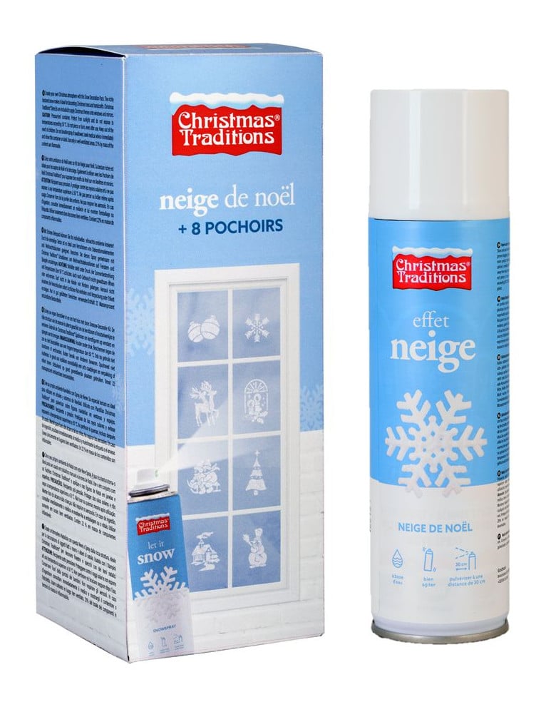 Bombe spray neige Noël pour décoration blanche avec 8 pochoirs