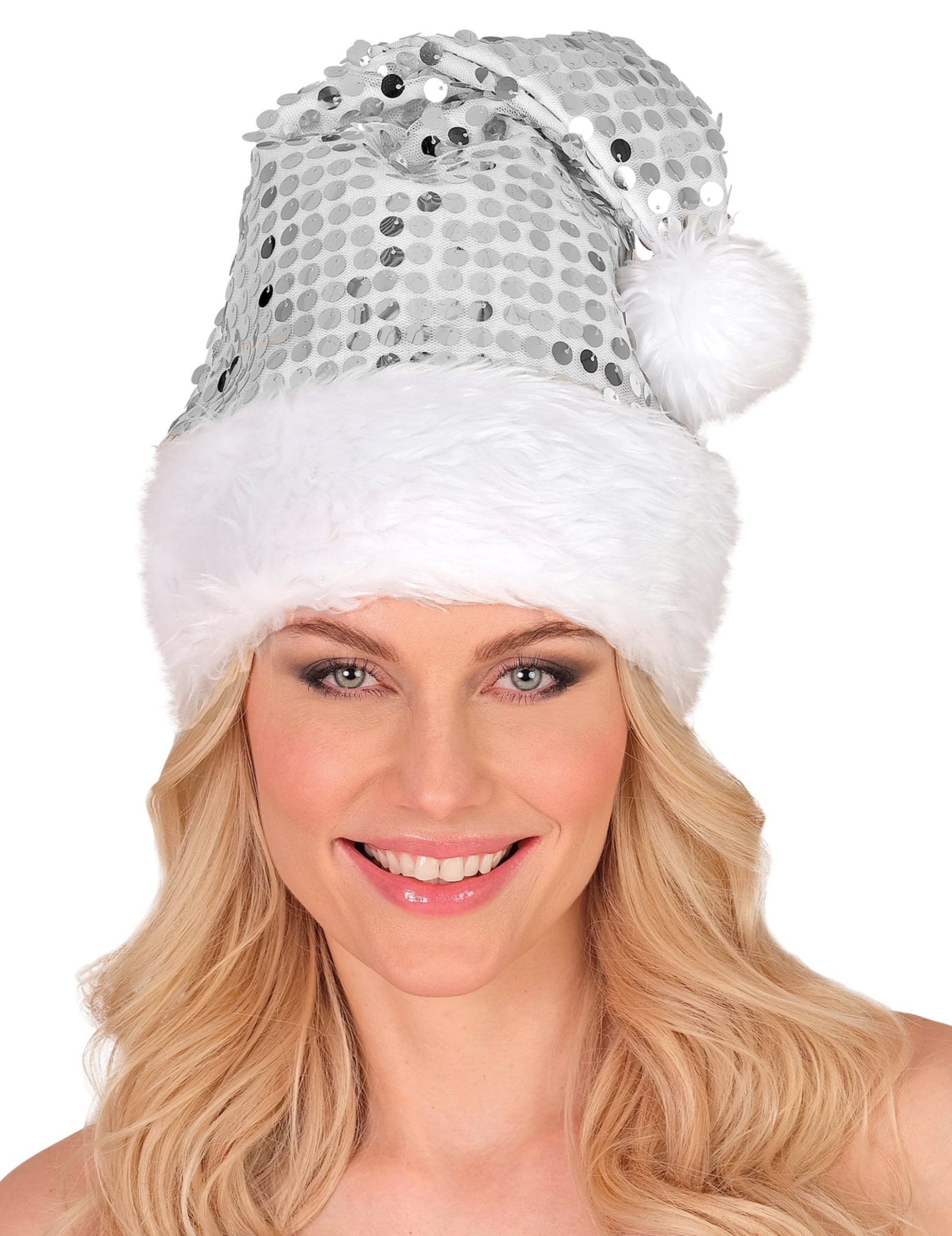 Bonnet de Noël pour adulte argent à sequins