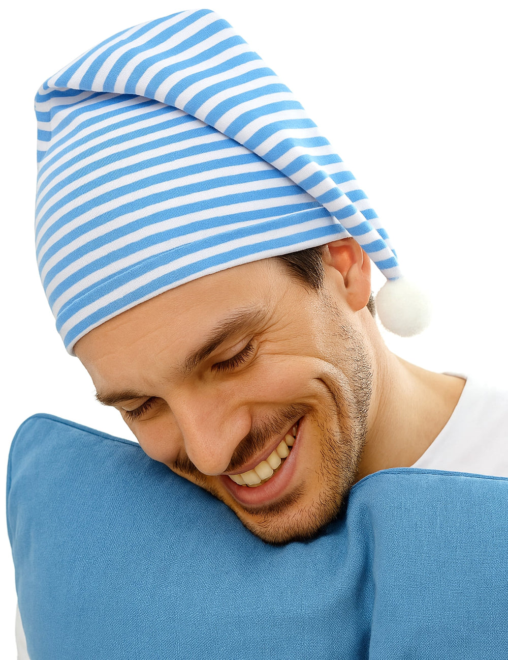 Bonnet bleu et blanc avec pompon pour adulte à rayures
