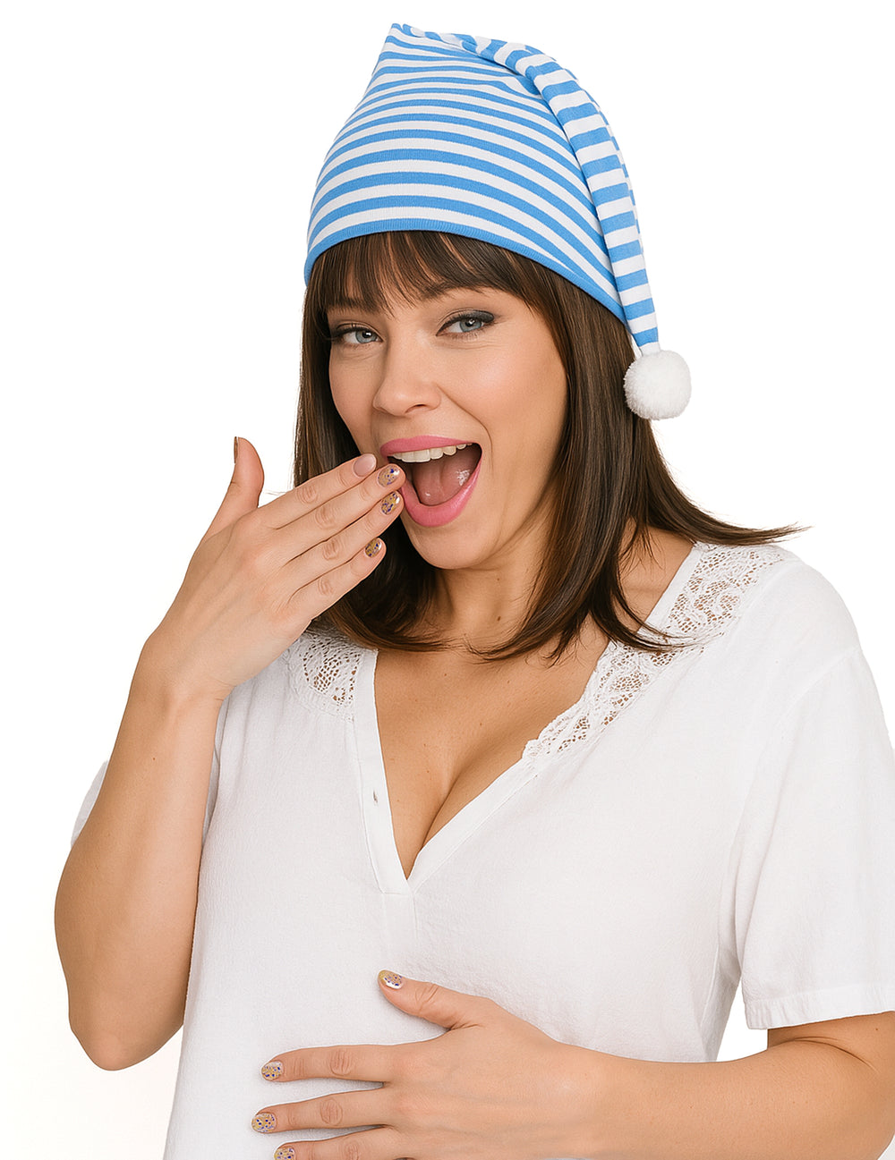 Vue de face du bonnet bleu et blanc avec pompon pour adulte