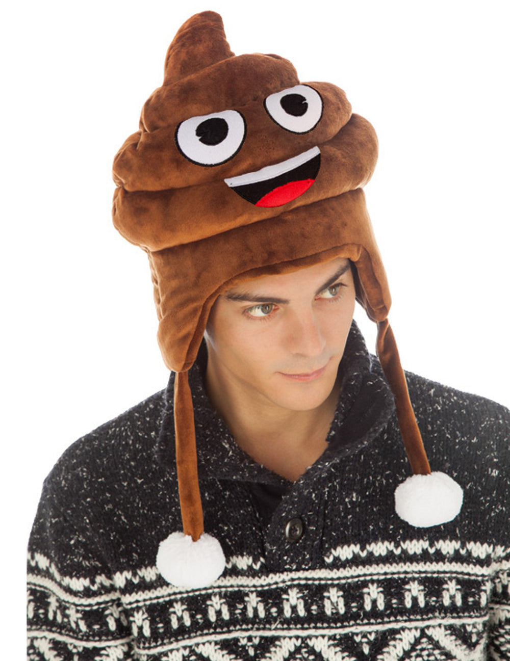 Bonnet crotte Emoji™ pour adulte marron avec pompons blancs