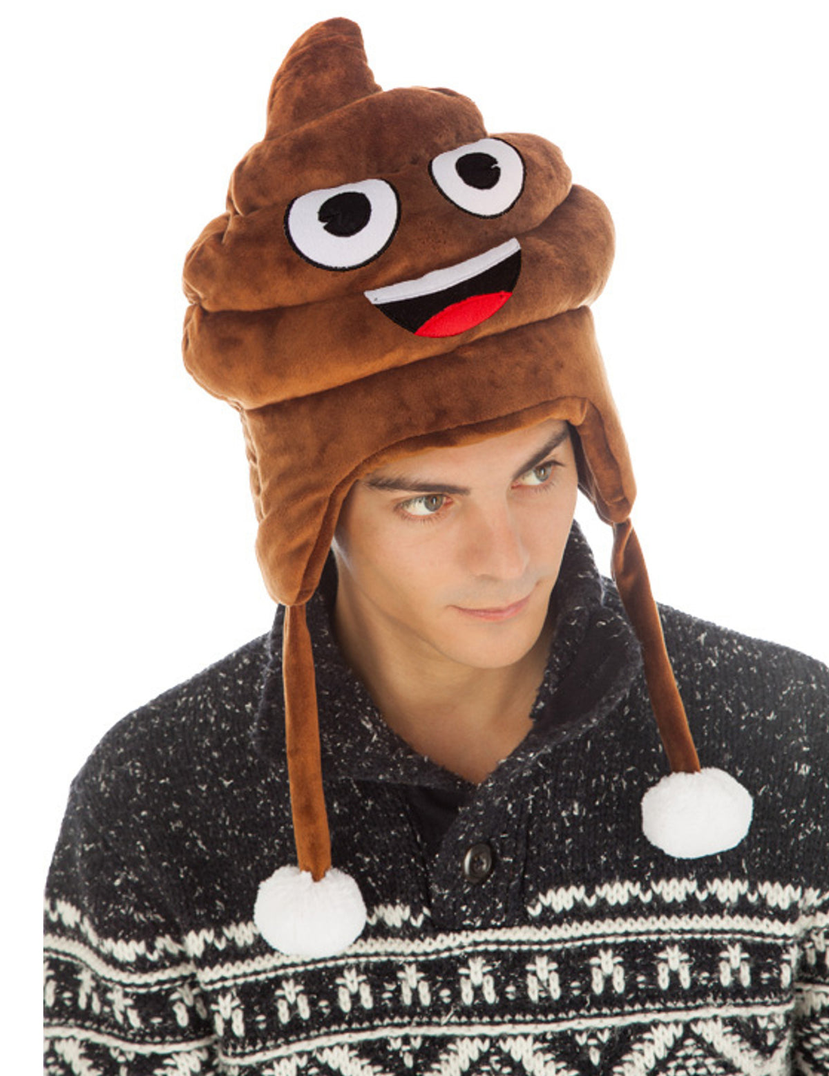 Bonnet crotte Emoji™ pour adulte marron avec pompons blancs