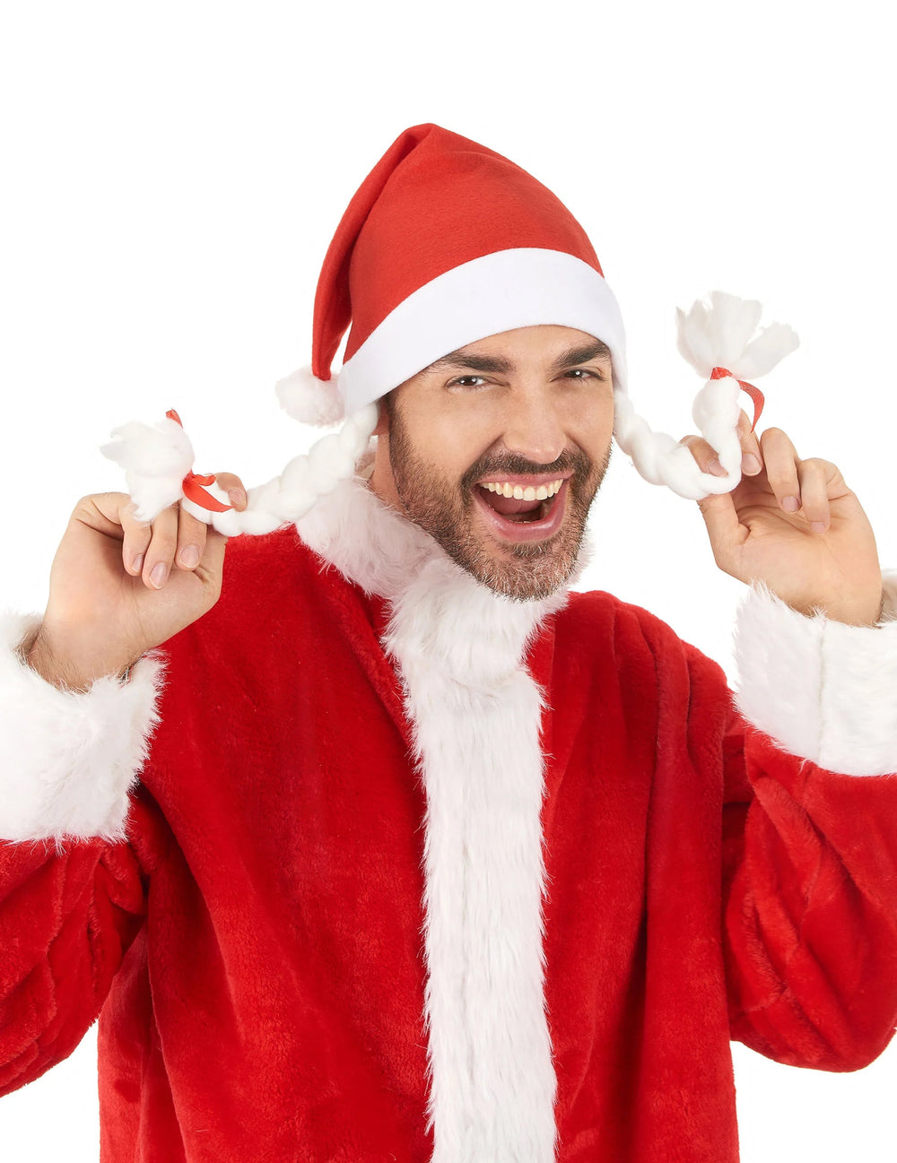 Bonnet de Mère-Noël pour adulte rouge et blanc avec tresses