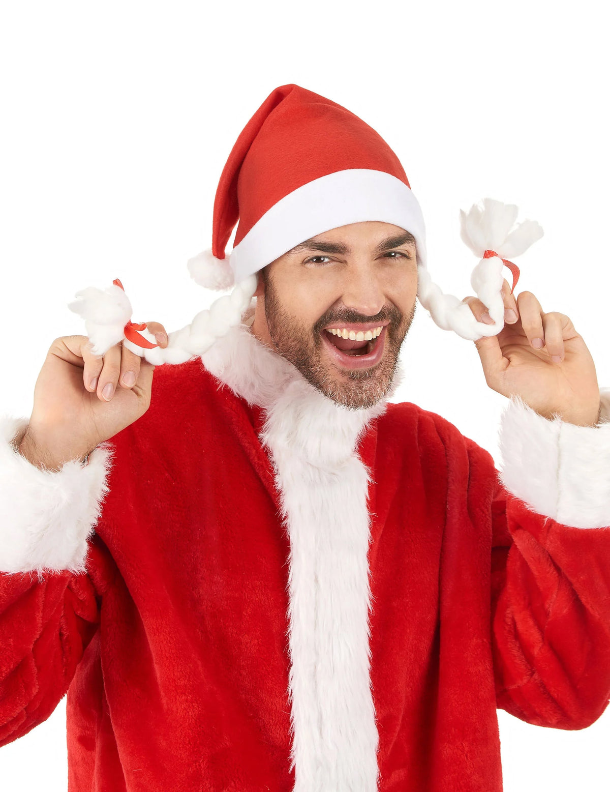 Bonnet de Mère-Noël pour adulte rouge et blanc avec tresses