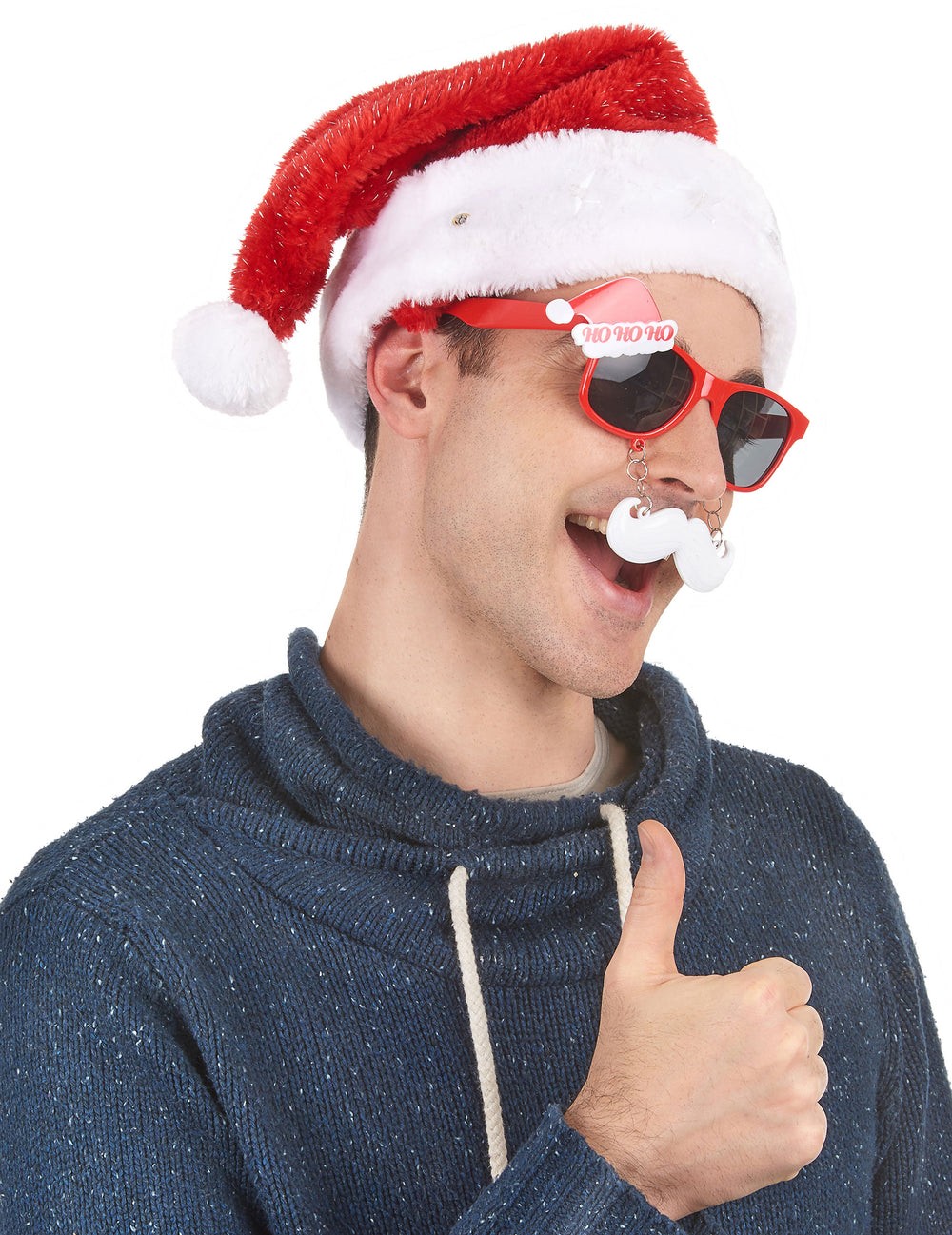 Mise en situation du bonnet de Père Noël porté avec des accessoires de fête