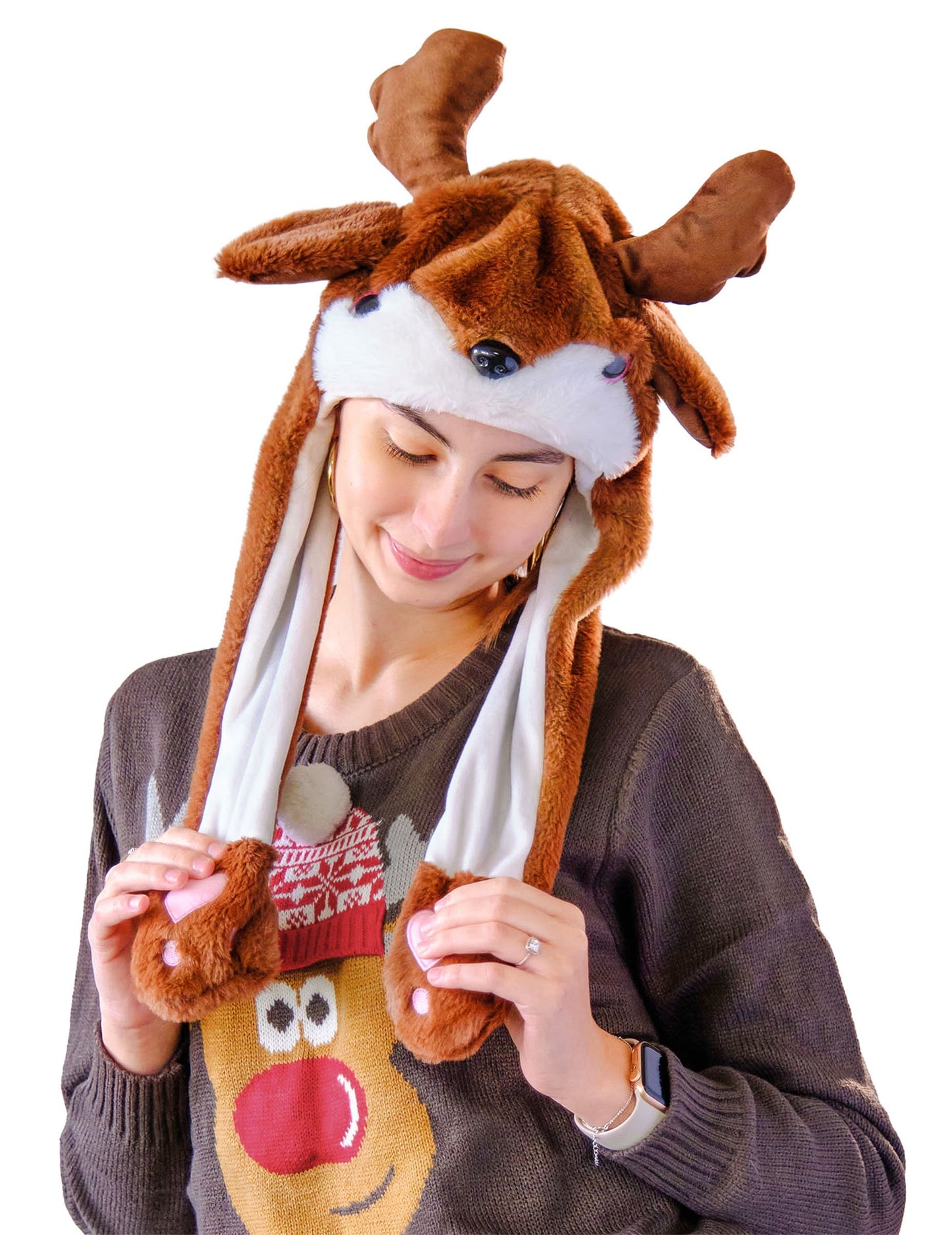 Bonnet de renne avec oreilles mobiles pour adulte marron et blanc