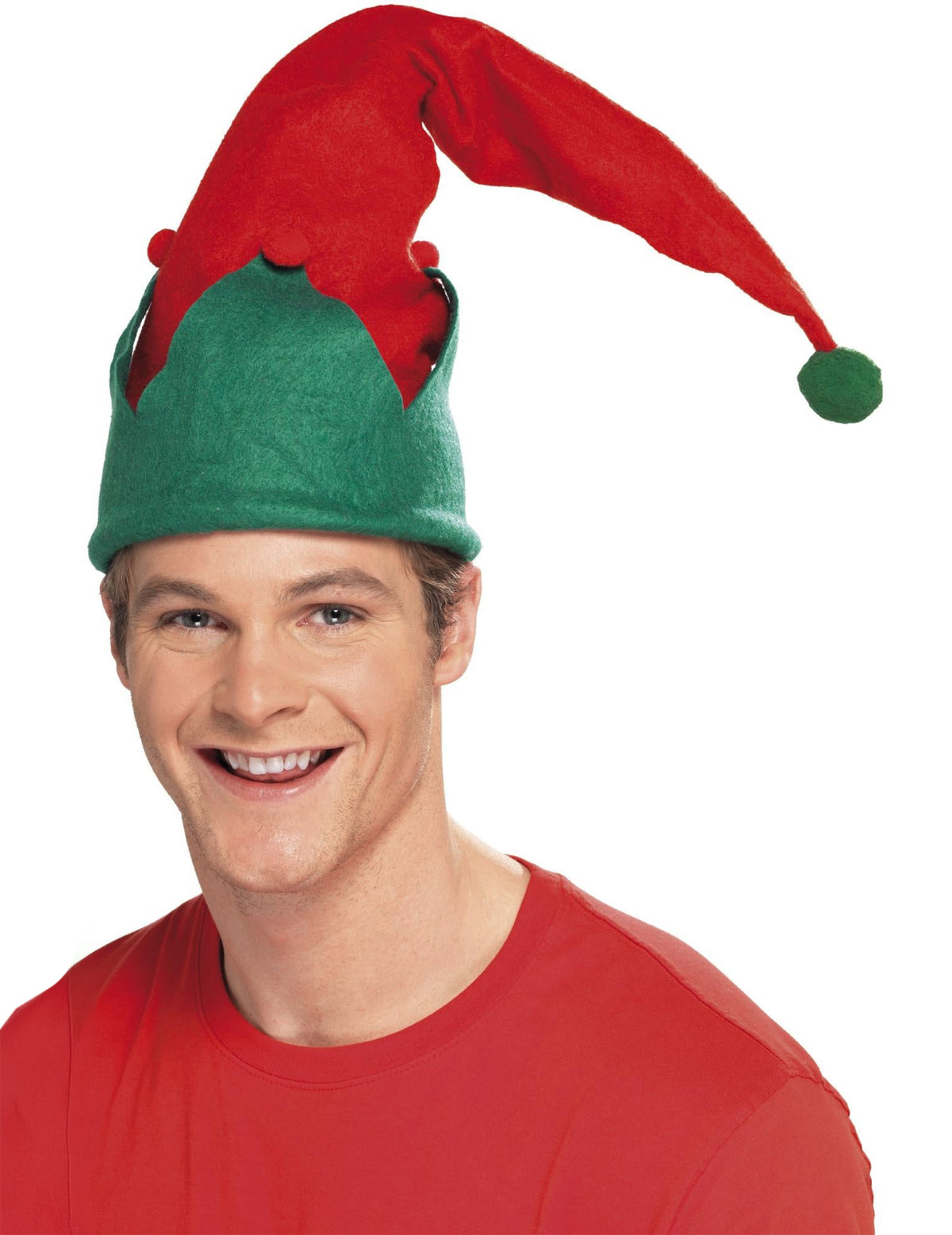 Bonnet d'elfe de Noël pour adulte rouge et vert avec pompon