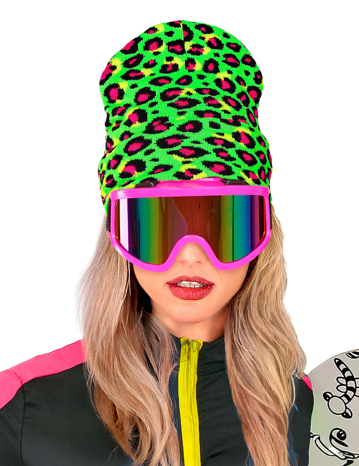 Vue de face avec lunettes de ski du bonnet léopard pour adulte