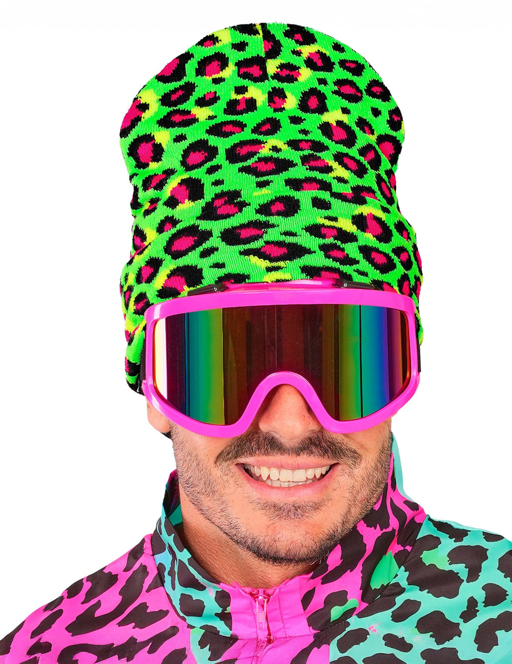 Bonnet léopard pour adulte vert fluo à motifs roses et noirs