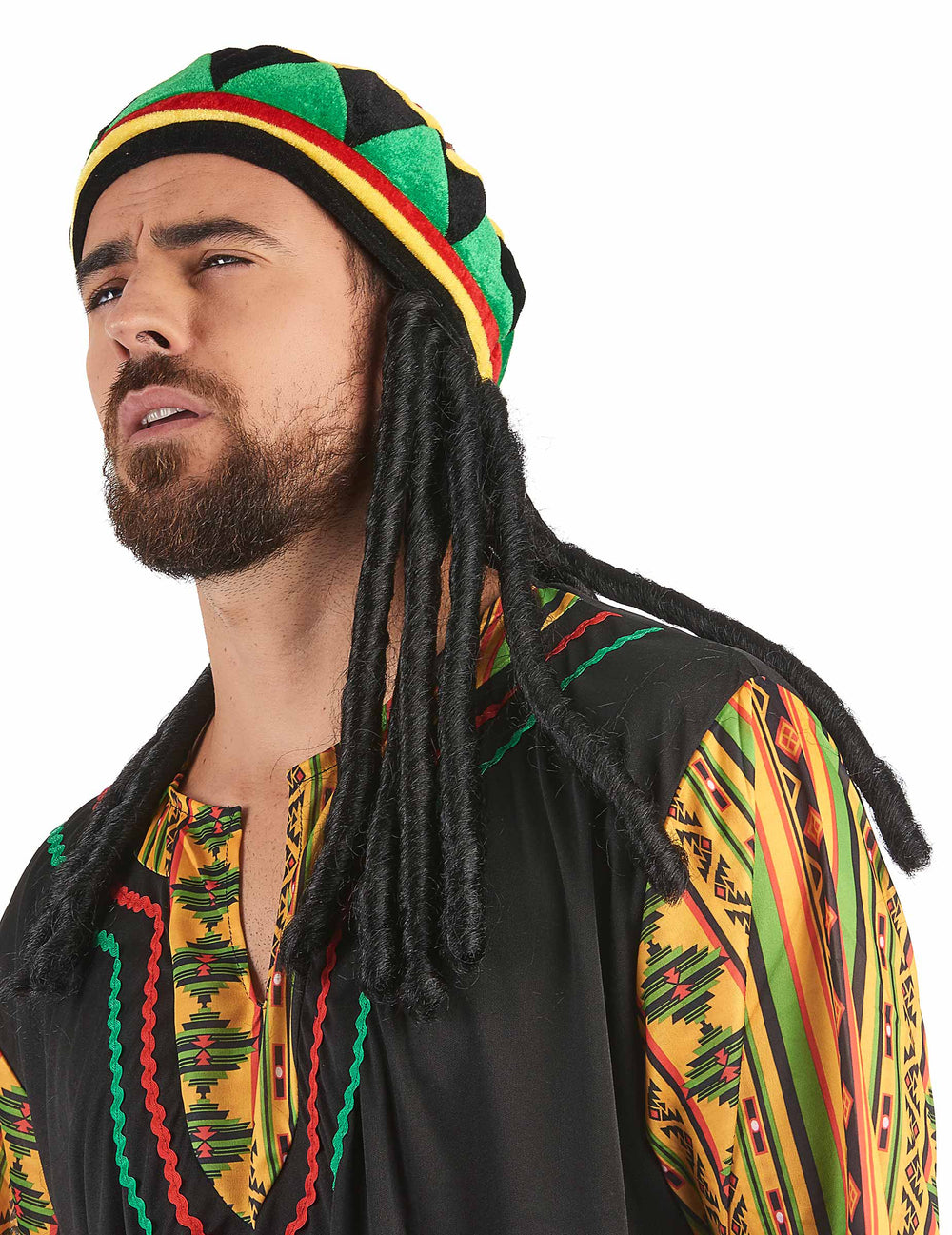 Bonnet rasta en velours avec dreadlocks pour adulte vert jaune rouge et noir