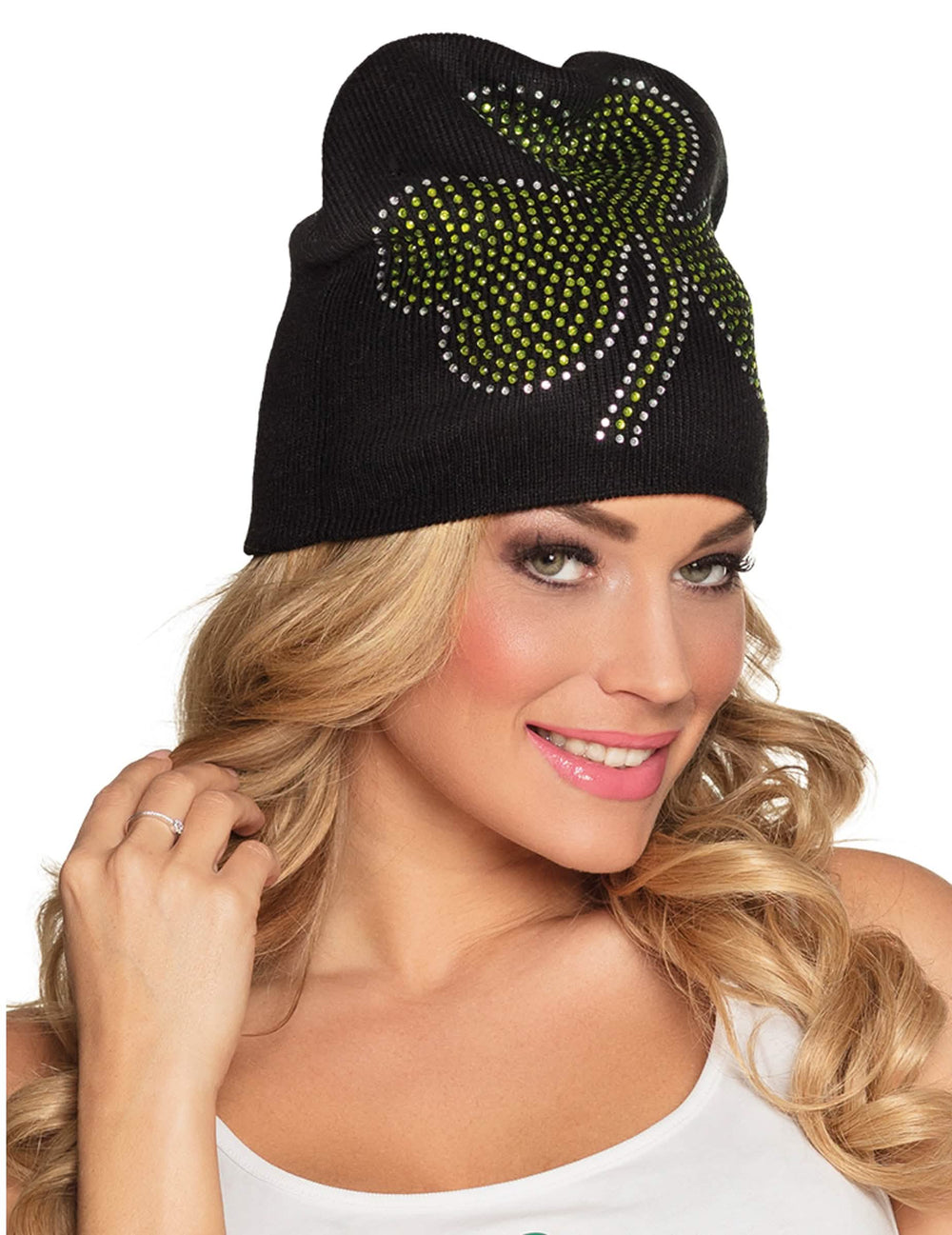 Bonnet trèfle brillant Saint Patrick pour adulte noir avec motif trèfle en strass verts