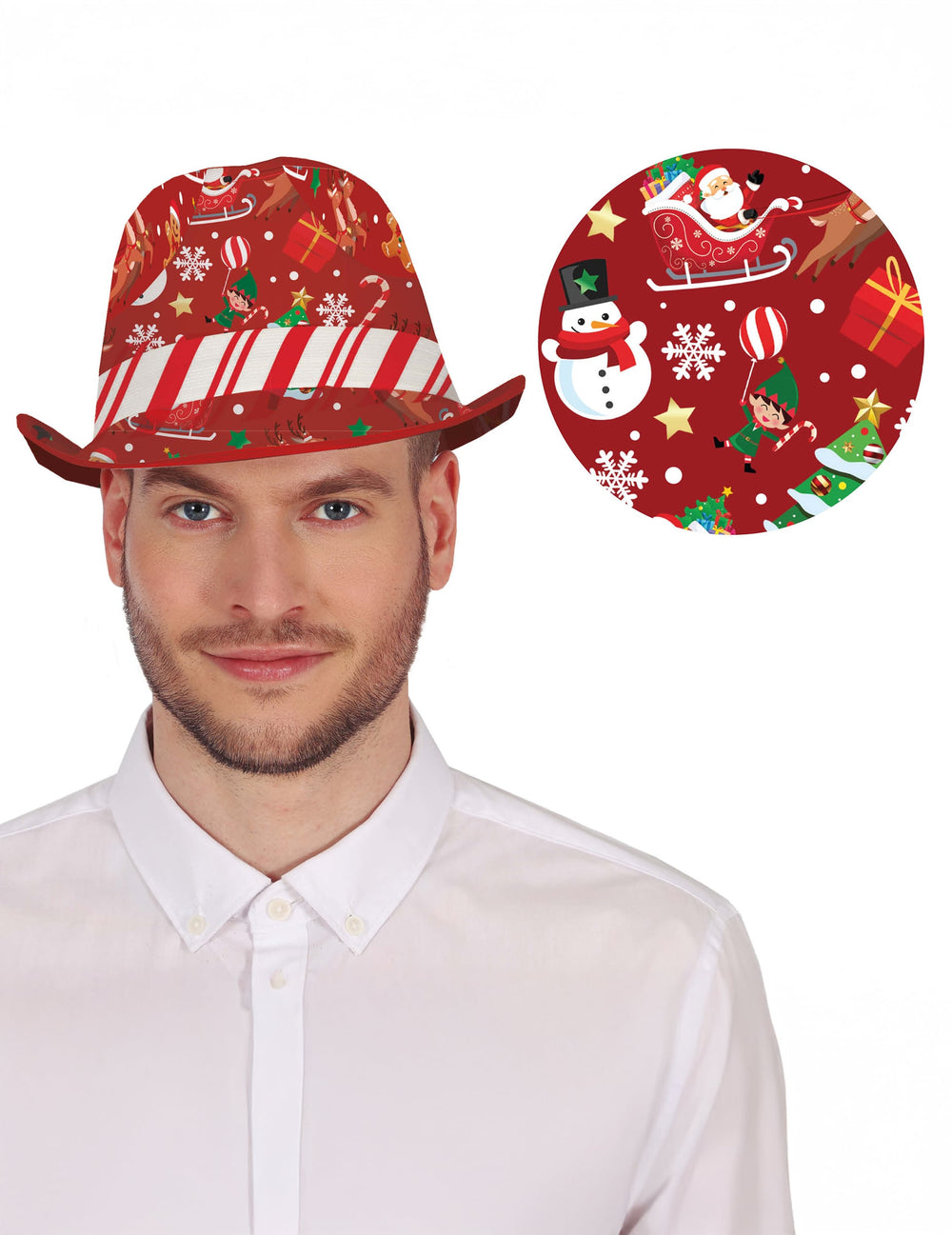 Borsalino à motifs de Noël pour adulte rouge avec ruban rayé blanc et rouge