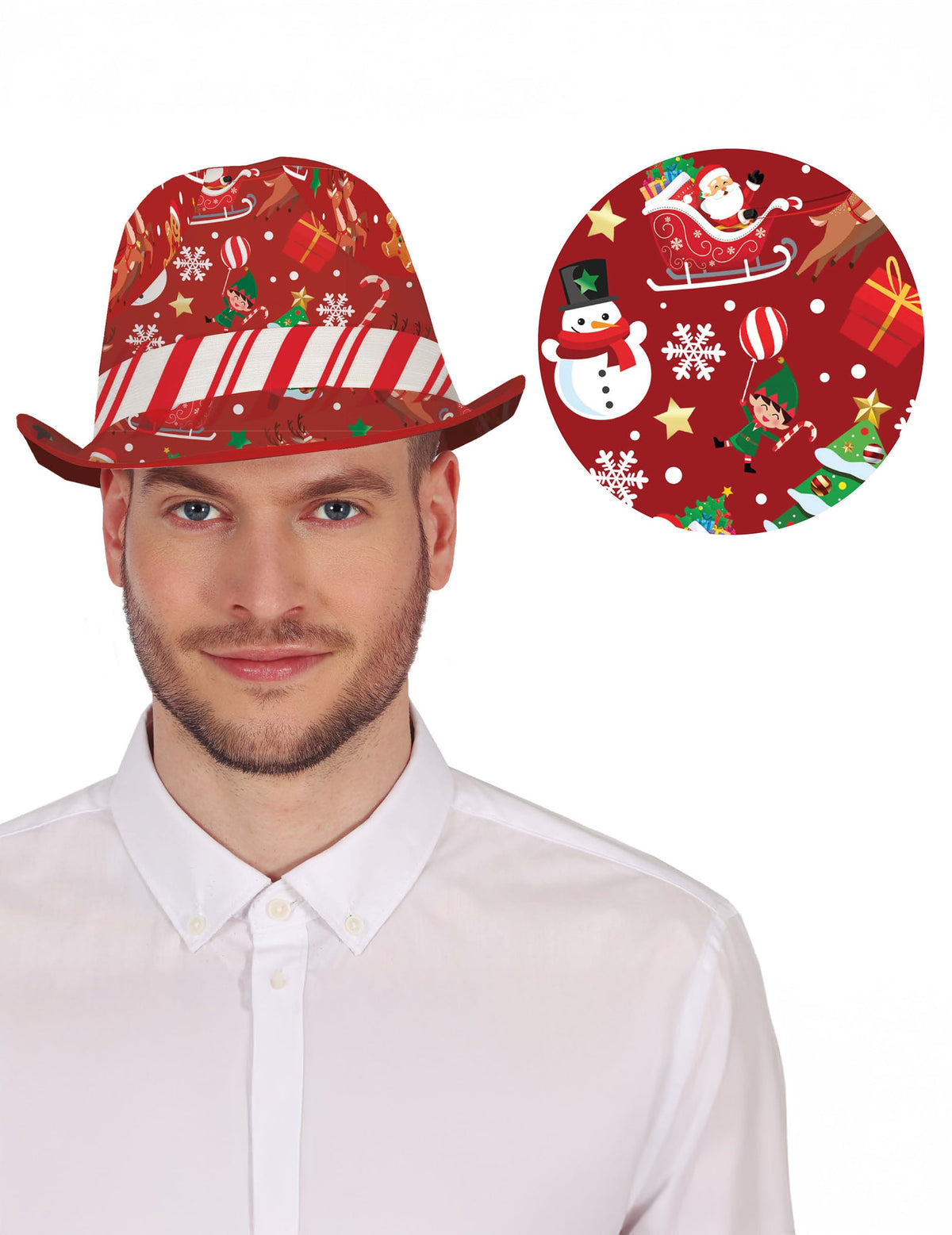 Borsalino à motifs de Noël pour adulte rouge avec ruban rayé blanc et rouge