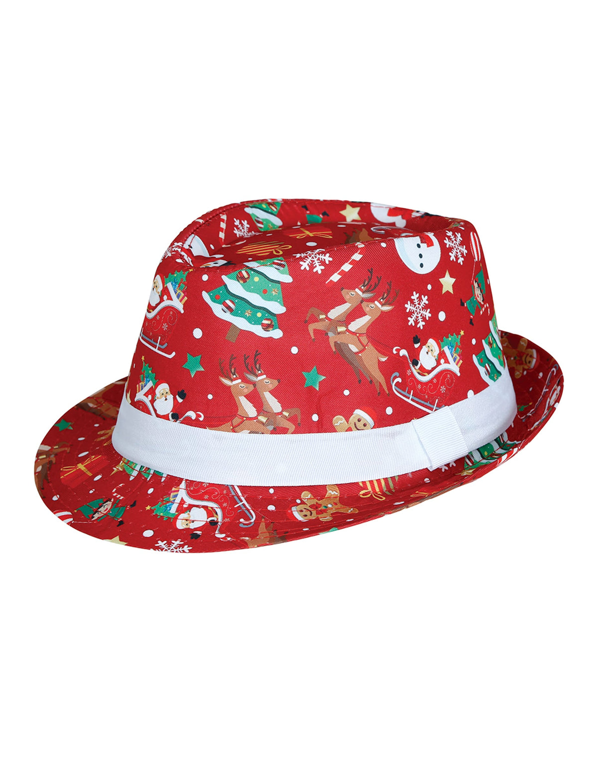 Borsalino à motifs de Noël pour adulte rouge avec ruban blanc