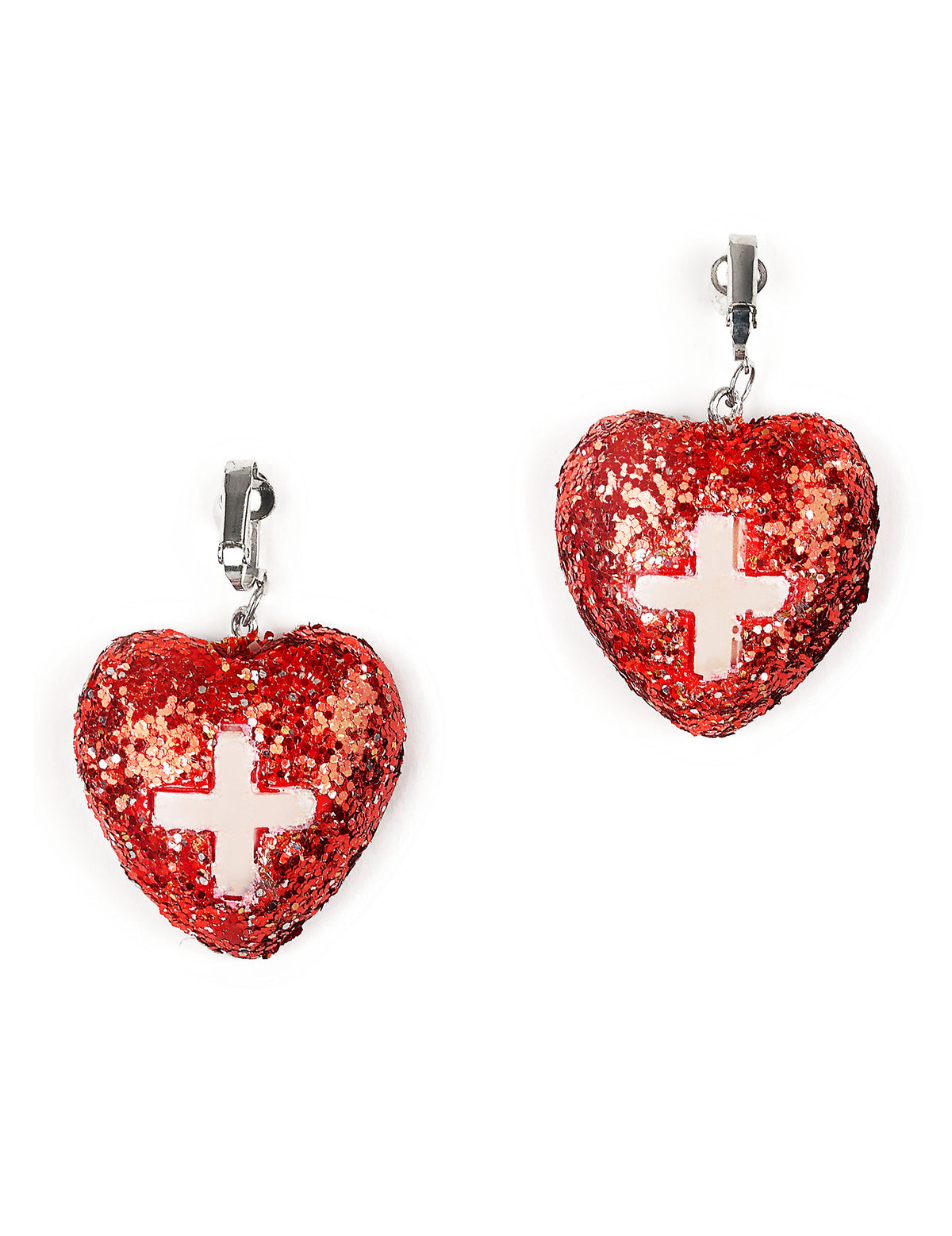 Boucles d'oreilles infirmière pour femme rouges pailletées en forme de cœur avec croix blanche