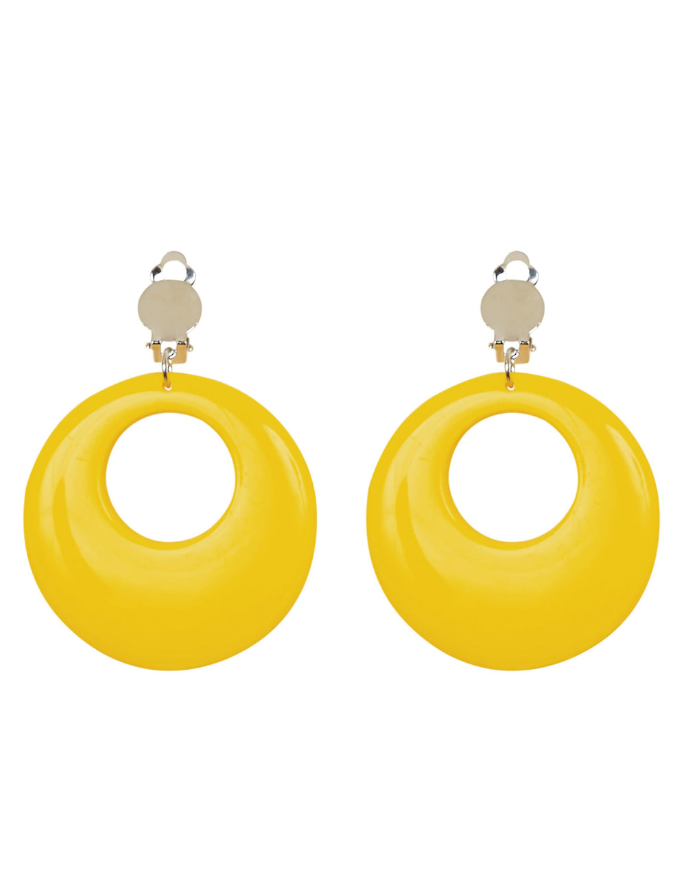 Détail du fermoir à clip des boucles d'oreilles jaune fluo pour adulte